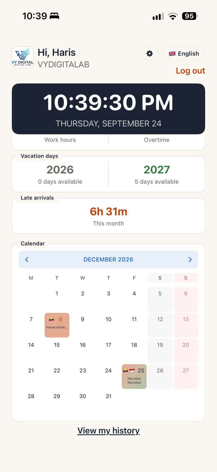 Calendario y vacaciones en la app ZyntrAbsen