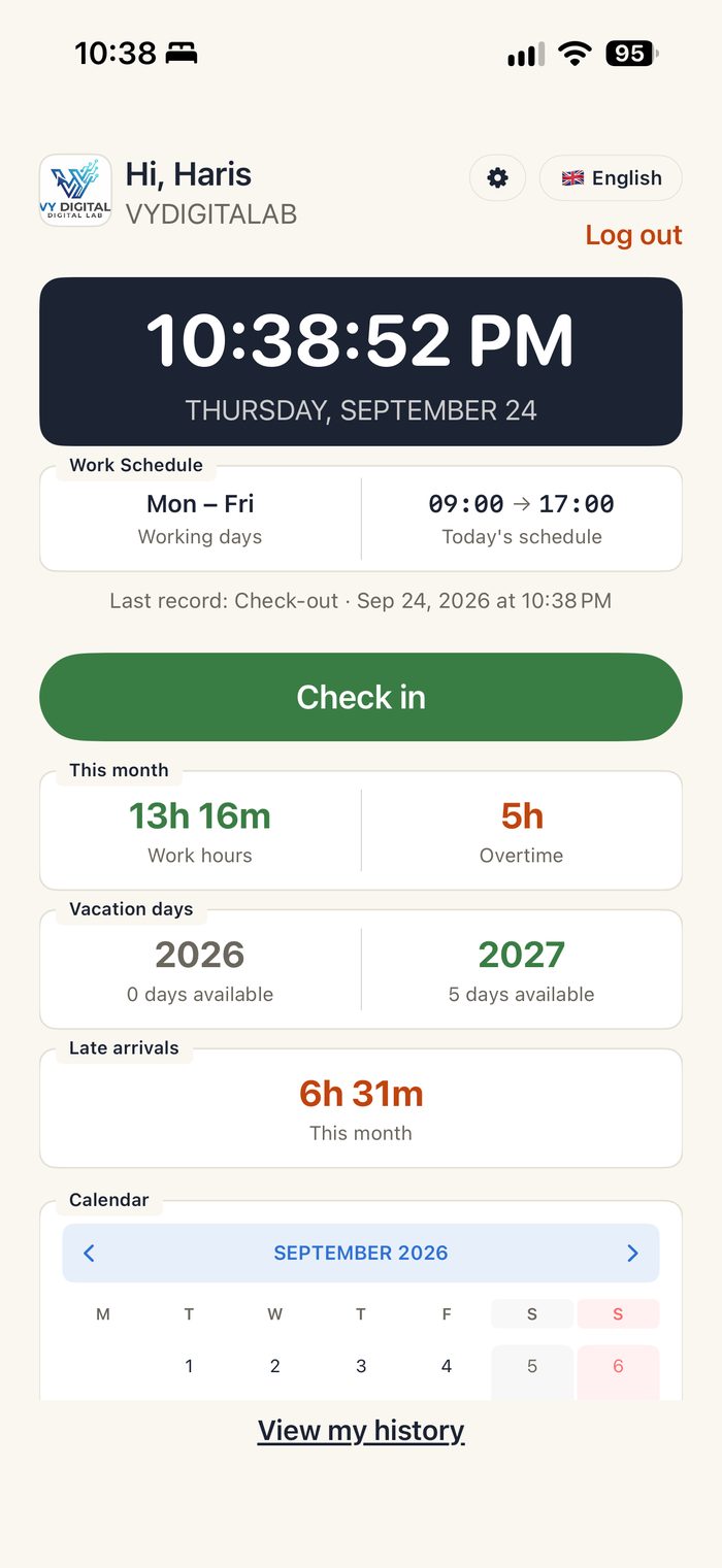 Pantalla de marcaje en la app ZyntrAbsen