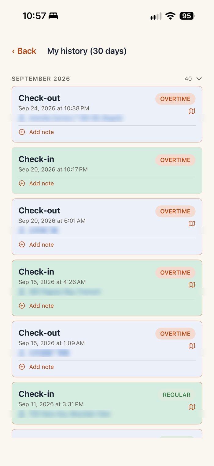 Historial de marcajes en la app ZyntrAbsen