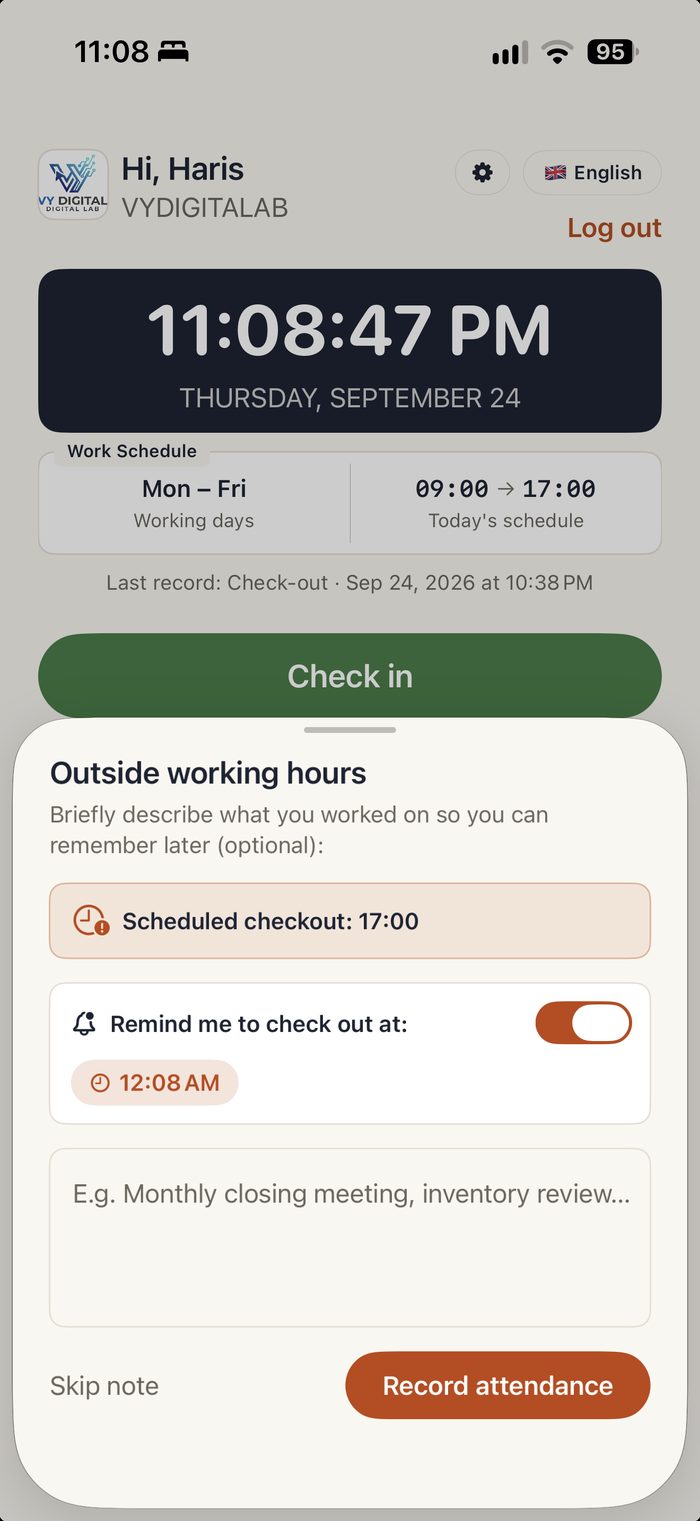 Nota de overtime al marcar fuera de horario en la app ZyntrAbsen