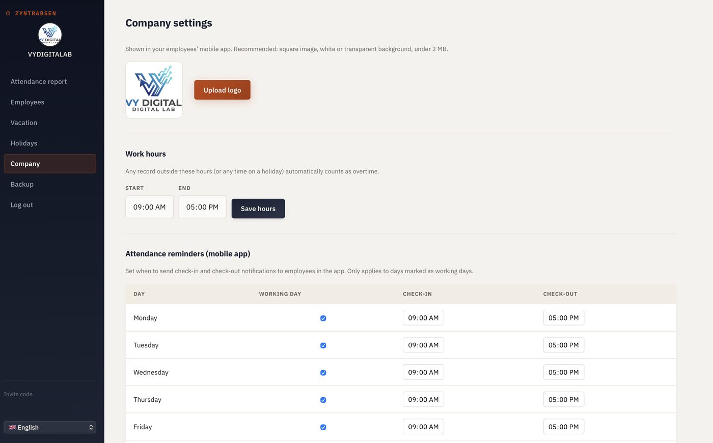 Configuración de la empresa en el portal ZyntrAbsen