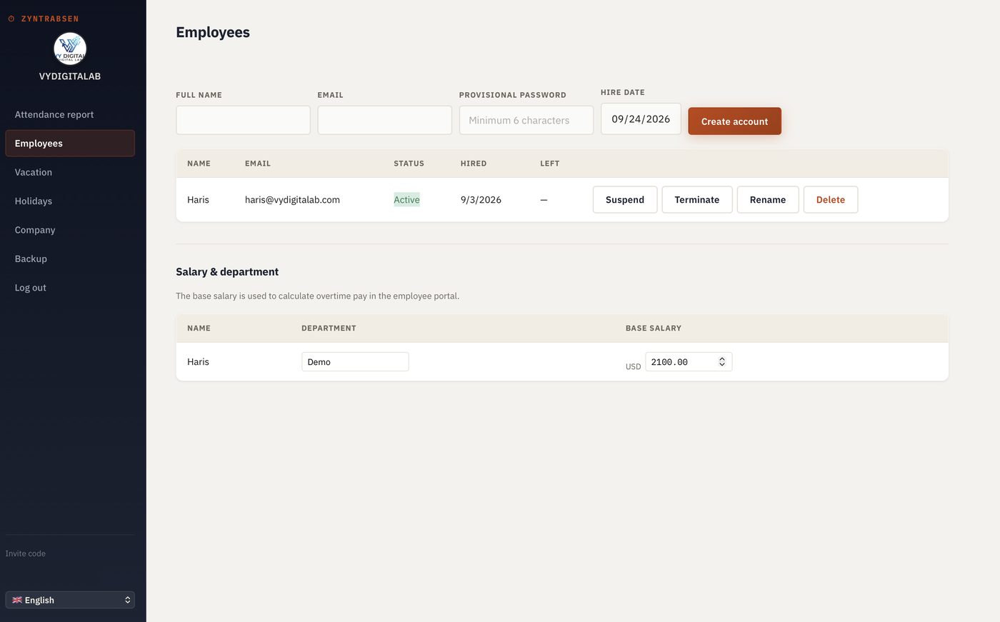 Gestión de empleados en el portal ZyntrAbsen
