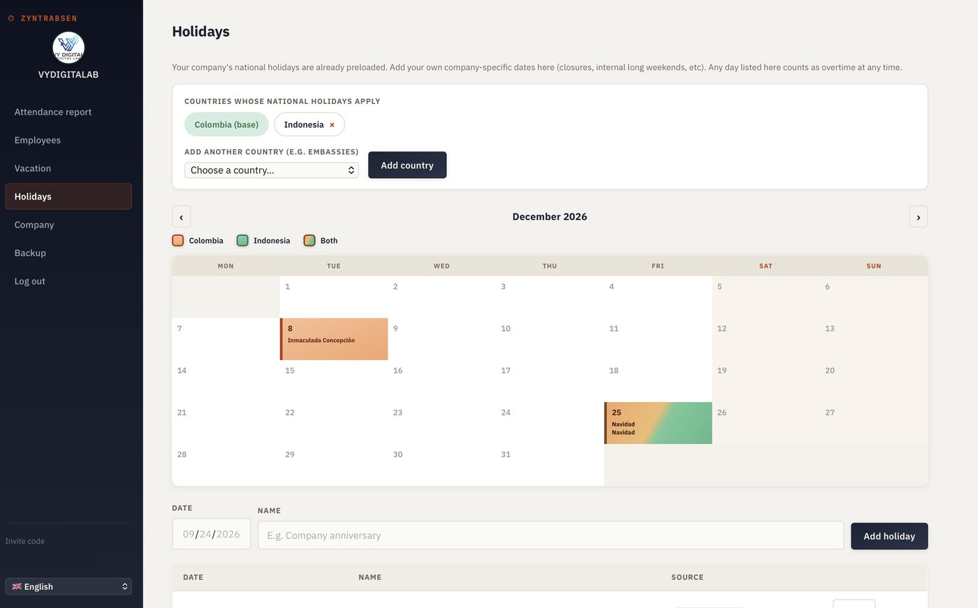 Calendario de festivos en el portal ZyntrAbsen