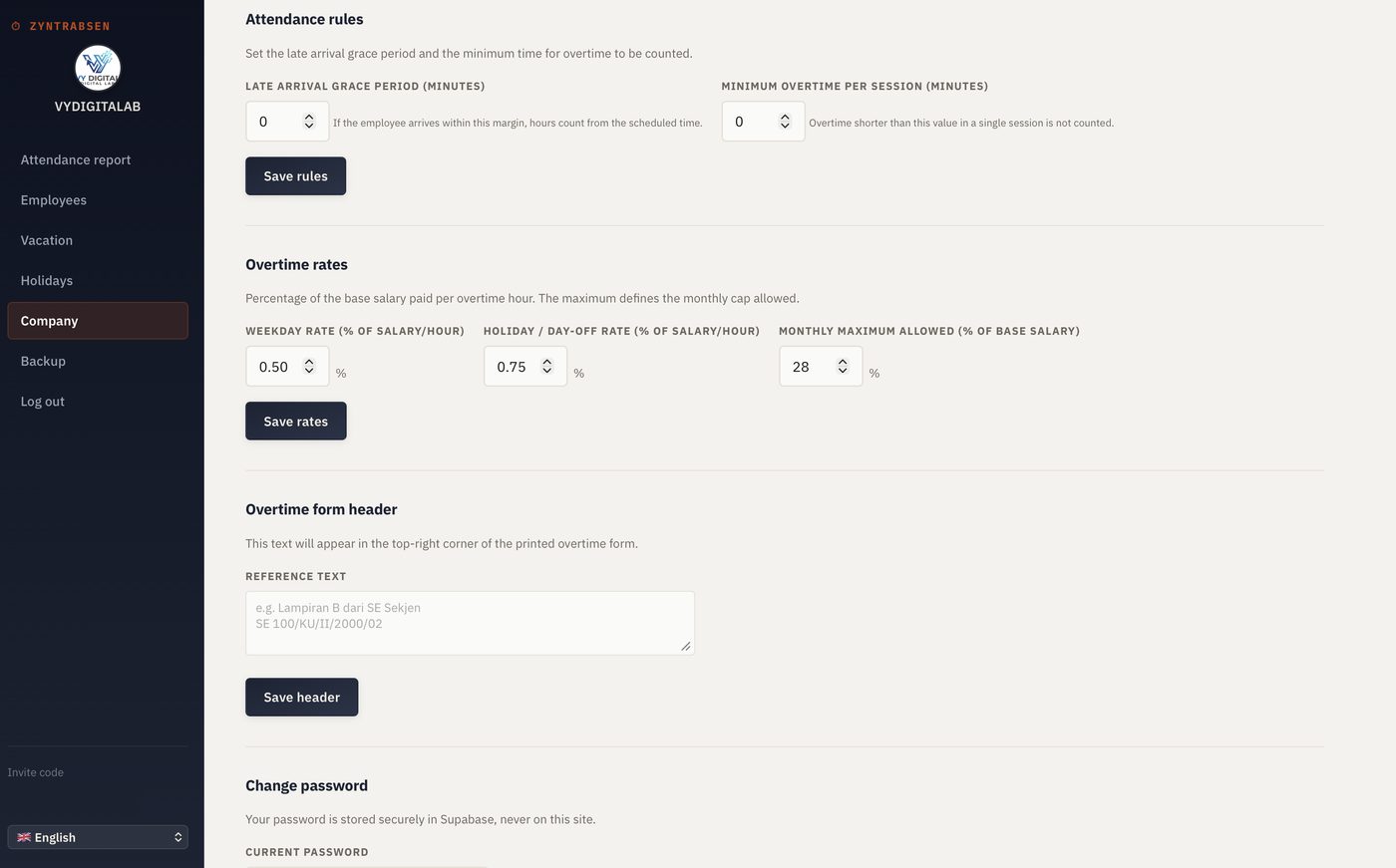 Reglas de asistencia y tarifas de overtime en el portal ZyntrAbsen