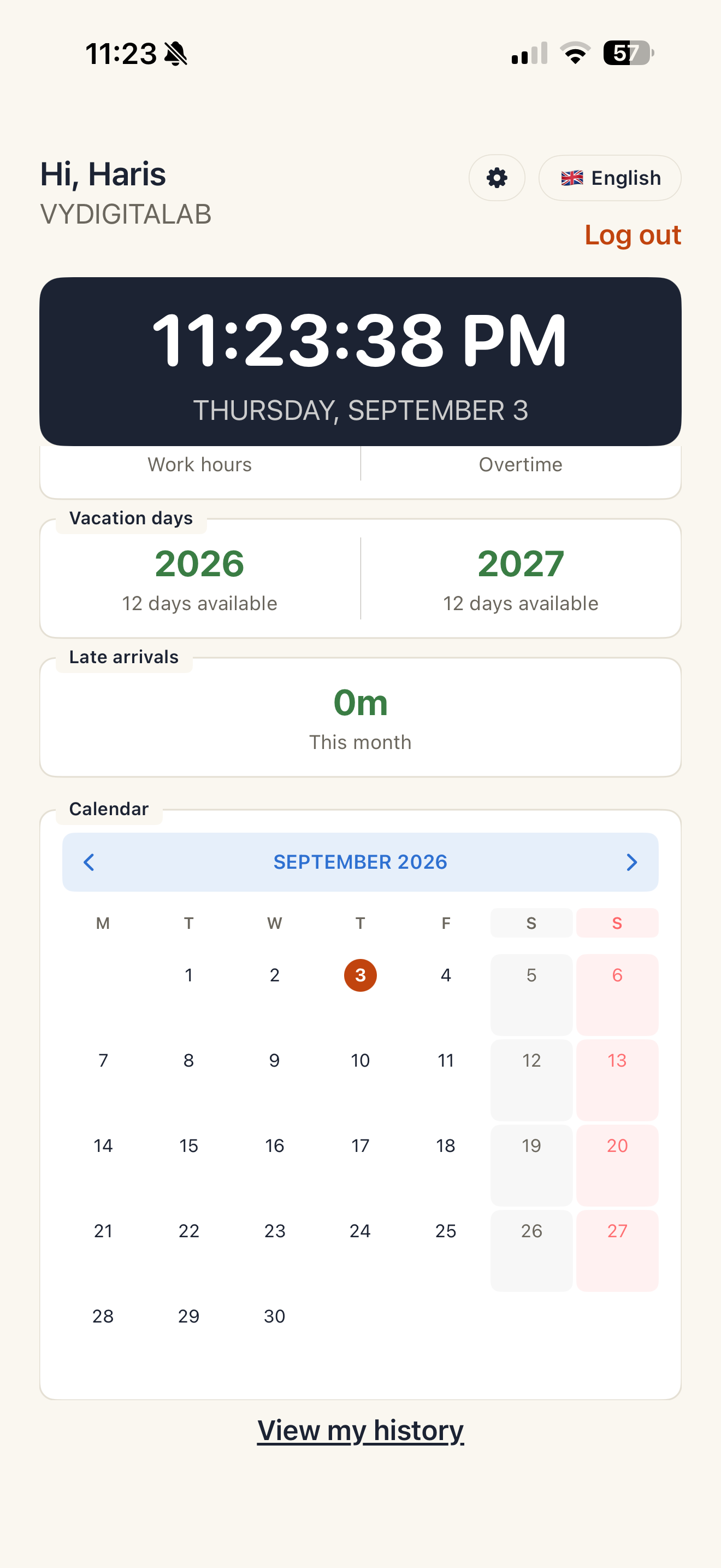 Calendar screen